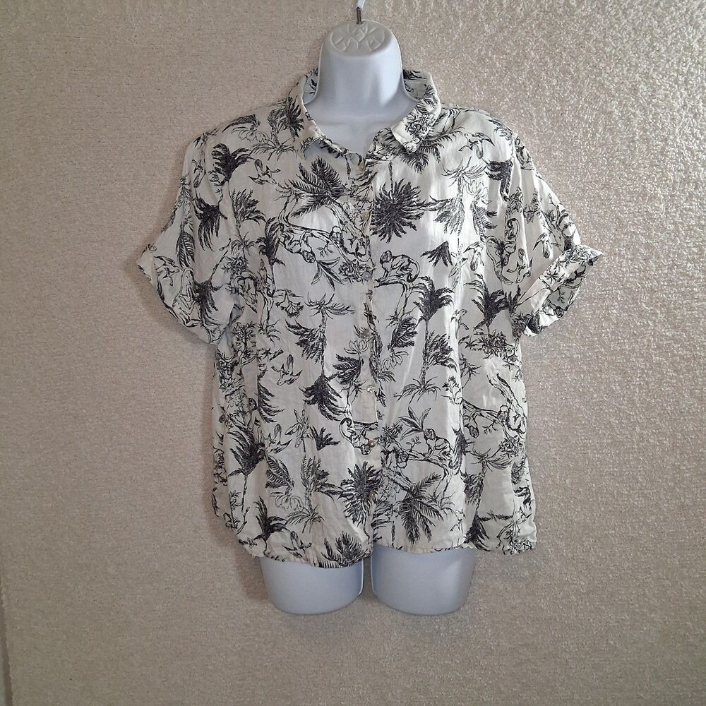 100% linen button shirt women Sz L Tropical Nature Animal Jungle Luxury Resort